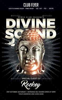 a flyer for an event with a buddha face on it and the words divine sound written in