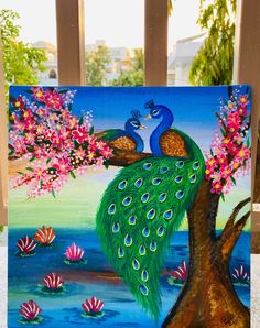 a painting of two peacocks sitting on top of a tree