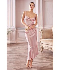 Dusty Rose Satin Slip Homecoming Midi Dress - Unique Vintage - Womens, DRESSES, PROM AND SPECIAL OCCASION Pink Satin Dress Long, Champagne Pink Bridesmaid Dress, Prom Dresses Midi, Pink Satin Midi Dress, Champagne Midi Dress, Rose Colored Dress, Dress Elegantly, Midi Bridesmaid Dress, Dusty Rose Bridesmaid Dresses