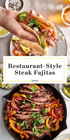 steak fajitas in a skillet with the title overlay reads restaurant - style steak fajitas