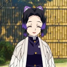 an anime character with purple hair wearing a black and white outfit, standing in front of a bamboo fence