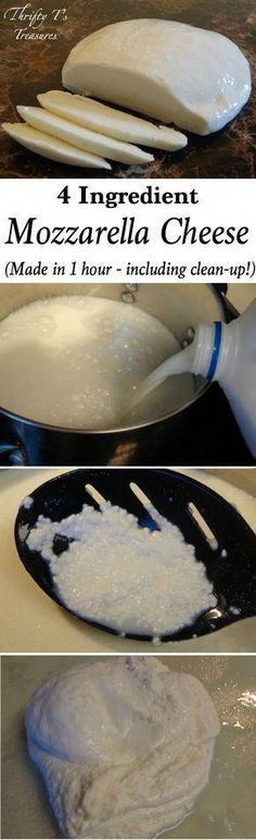 four images showing how to make mozzarella cheese