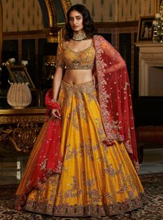 Yellow Bridal Lehenga, Dolly J, Telugu Culture, New Lehenga, Placement Embroidery, Raw Silk Lehenga, Bridal Lehenga Designs, Latest Bridal Lehenga, Yellow Lehenga