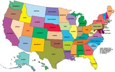 the united states map with each state labeled in different colors and their respective abbreviations