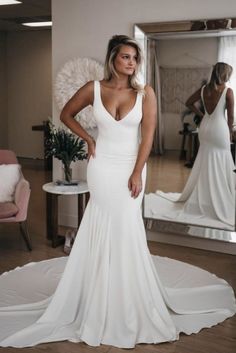 Simple V Neck Mermaid with Long Train Sexy Backless Beach Wedding Dress - Wedding Dresses Cheap Beach Wedding, Wedding Dresses Ivory, Beach Wedding Gowns, Dress With Long Train, Beach Wedding Gown, Pnina Tornai, V Neck Wedding Dress, Backless Wedding, Bridal Party Dresses