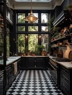 a black and white checkered floor in a kitchen with lots of shelves on the wall