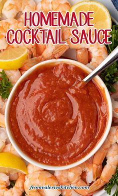 homemade cocktail sauce in a bowl with shrimp on the side