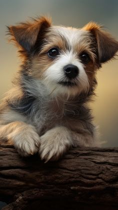 a small brown and white dog sitting on top of a tree branch in front of a blurry background