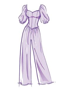 a drawing of a woman's jumpsuit in purple and white striped fabric, front view