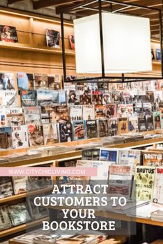 a book store with lots of books on the shelves and in front of it is an advertisement for customers to read