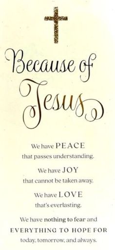 a card with the words because of jesus and a cross on it's back