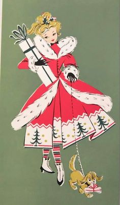 a drawing of a woman in a red dress and white coat with a dog on a leash