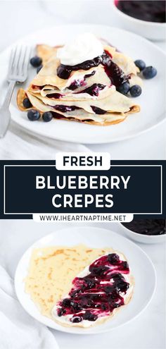 fresh blueberry crepes with whipped cream and berries on top are ready to be eaten