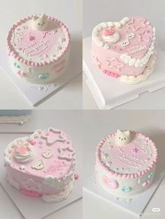 four images of a cake with pink frosting and white decorations on it, including a heart shaped box