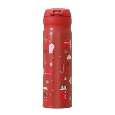 thermos bottle is red with christmas decorations on it and snowflakes all over