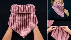 there is a woman wearing a pink knitted scarf and mittens, making it look like she's holding something in her hands