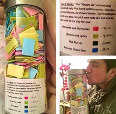 a collage of photos with post - it notes in a can and a man drinking from a cup