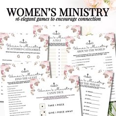 the women's ministery game is shown with pink flowers and cross on it