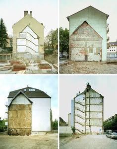 four different shots of an old building