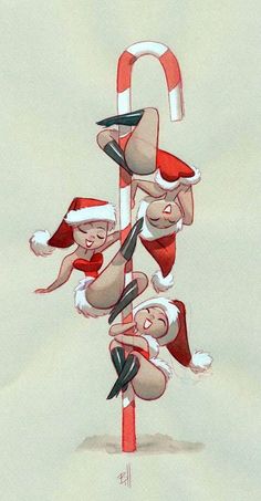 a drawing of santas hanging upside down on a pole with candy canes in the background