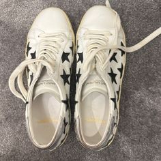 Lightly Worn. Star Patterned Silver Back White Shoe Saint Laurent Sneakers, White Shoe, Saint Laurent Shoes, S Star, White Shoes, Star Patterns, Shoes Women, Womens Shoes Sneakers, White Black