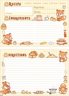 two recipe cards with cartoon animals and food items on the front, one in orange