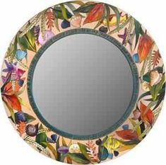 a round mirror with leaves and flowers painted on the front in blue, green, pink, yellow