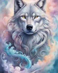 a painting of a white wolf with yellow eyes and blue swirls on it's face