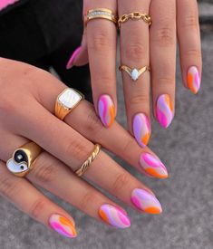 Photo by: @peachinails Nail Inspo Instagram, Latest Nail Trends 2023 Spring, Almond Nails Trendy Design, Green Pink Nails Ideas, Bright Spring Nail Ideas, Oval Vacation Nails, Groovy Almond Nails, Spring Nails Bright Colors, Spring Almond Nails Simple