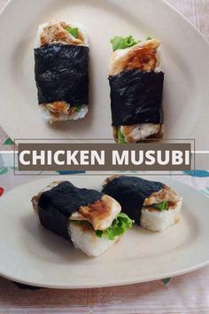 there is a white plate with sushi on it and the words chicken musubi