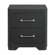 a black night stand with two drawers and chrome pulls on the bottom, against a white background