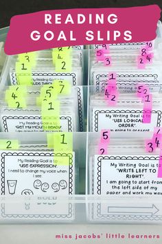 reading goal slips in a plastic container with pink and yellow sticky notes