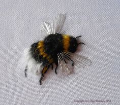 a close up of a small insect on a white surface with black and yellow stripes