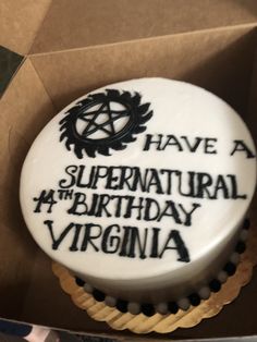 a cupcake with white frosting that reads have a supernatural birthday virginia on it