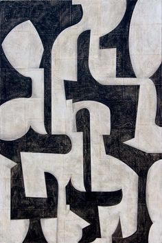 an abstract painting with black and white shapes