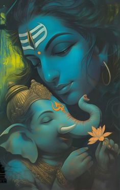 a painting of a woman hugging an elephant with her face painted in blue and gold