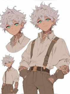 an anime character with white hair and green eyes wearing suspenders, pants and a shirt