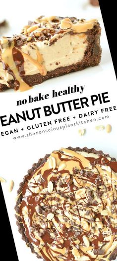 no bake healthy peanut butter pie with chocolate and pecans in the crust on top