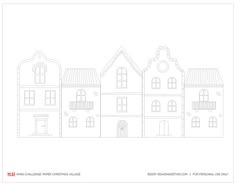 a line drawing of houses with windows and balconies