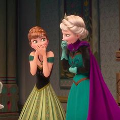 two frozen princesses standing next to each other with their hands on their mouths and looking at each other