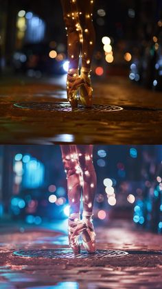 the legs and feet of a person in ballet shoes on a city street at night