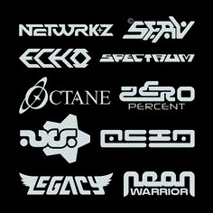 several different logos on a black background