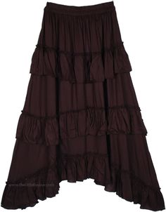 A solid black dark-hued soft fabric high low skirt with an elastic waist.  With its tiered look, the skirt looks very black-glamorous. #tlb #Peasant #Fall #Solid #Ruffle #Tiered #BlackSkirt #HighLowSkirt #FloralSkirt #BohemianSkirt Bohemian Skirts Long, Flowy Fashion, Black Bohemian, Bohemian Skirt, Hippie Look, Fun Heels, Feminine Blouses, Trendy Skirts, High Low Skirt