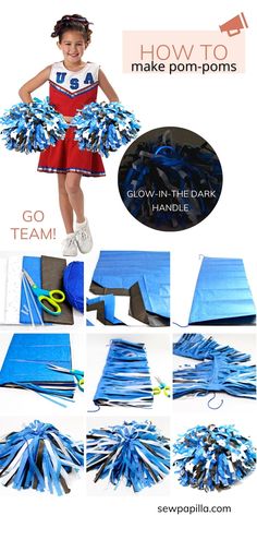 the instructions for how to make pom poms with blue and white paper strips