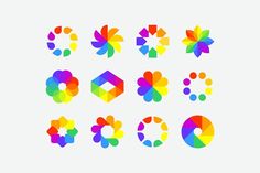 an assortment of colorful geometric shapes on a white background, including circles and rectangles