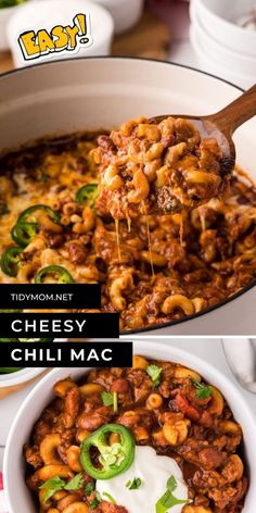 chili macaroni and cheese is being served in a skillet