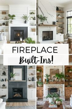 the fireplace built ins are all white and have plants in them