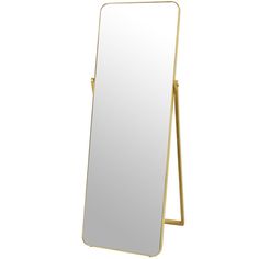 a large mirror sitting on top of a wooden stand next to a white wall with a gold frame