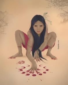 a digital painting of a woman with long black hair and blood on her body, kneeling down