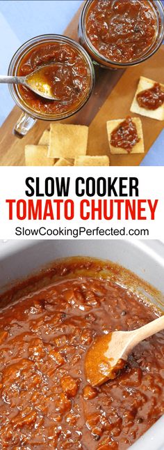 slow cooker tomato chutney recipe with text overlay